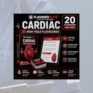 May include: Flashmed Elite Cardiac high-yield flashcards set featuring a box, a stack of cards, and a digital display showing Acute STEMI Management. The black packaging includes red heart illustrations, white text, and icons for instant download, print friendly, study anywhere, and lifetime access.
