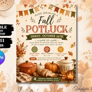 Peut inclure: Un modèle d'invitation pour un repas partagé d'automne de 21,6 x 27,9 cm avec des feuilles, des guirlandes et des citrouilles. Le texte indique : Please join us for a Fall Potluck, Friday, October 25th, 11:30AM to 1:30PM, Good Food, Great Company, Thankful Hearts, RSVP, et Greendale Community Center.