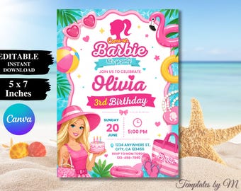 Pink Barbie Pool Party Birthday Invitation, Editable Canva (Digital Download)