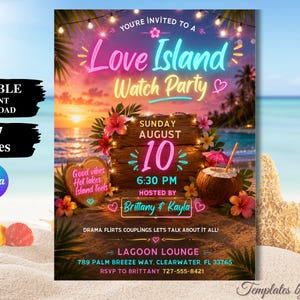 Może przedstawiać: Cyfrowe zaproszenie o wymiarach 5x7 cali na imprezę Love Island Watch Party z tropikalnym zachodem słońca, neonowym tekstem, drewnianym znakiem, kokosem z różowym parasolem, kwiatami hibiskusa oraz szczegółami daty, godziny i miejsca.