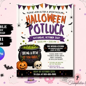 Pode incluir: Um folheto de convite para um potluck de Halloween de 8,5 x 11 polegadas. O design apresenta um caldeirão preto com líquido verde borbulhante, uma abóbora e um crânio. O texto inclui Halloween Potluck, 31 de outubro e Bring a dish if you dare.