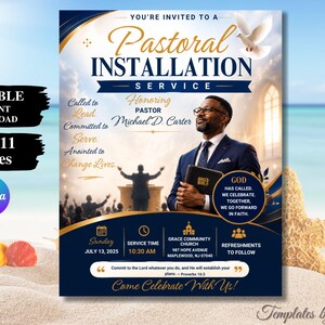 以下が含まれることがあります： 聖書を持つスーツ姿の男性、鳩、そして「You're Invited to a Pastoral Installation Service」、「Honoring Pastor Michael D. Carter」、「8.5 x 11 Inches」などのテキストが記載された牧師就任式のチラシテンプレート。