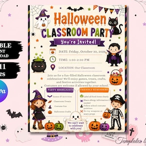 Könnte beinhalten: Eine Einladungsvorlage für eine Halloween-Klassenparty mit Cartoon-Illustrationen von Geist, schwarzer Katze, Vampir, Hexe und Skelett. Der Text enthält Halloween Classroom Party, You're Invited, Datum, Uhrzeit, Ort, Highlights und Erinnerungen.