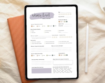 Könnte beinhalten: Ein digitaler Tages-Tracker auf einem Tablet mit dem Text „whimsy & well“. Der Tracker enthält Abschnitte für Stimmung, Symptome und Ziele. Ein Stift und ein orangefarbenes Notizbuch liegen neben dem Tablet.