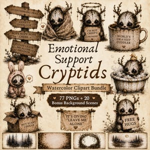 Pode incluir: Pacote de clipart em aquarela com vários Criptídeos de apoio emocional. A imagem inclui ilustrações de criaturas com chifres, segurando placas com frases como "Eu não sou assustador!" e "Abraços grátis".