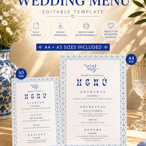 Mediterranean Wedding Menu Template | Amalfi Coast Wedding Menu | Blue Tile Wedding Menu | Editable Canva Menu | A4 & A5 - BC Design