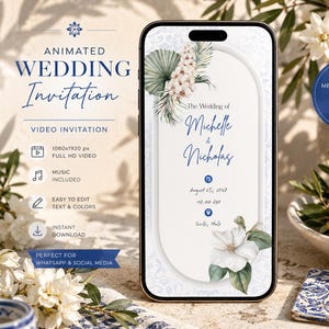 Puede incluir: Un teléfono inteligente que muestra una invitación de boda animada con un marco arqueado blanco, ilustraciones florales y el texto The Wedding of Michelle & Nicholas, August 25, 2023, 17:00 PM, y Sicily, Italy, sobre un fondo azul claro estampado.