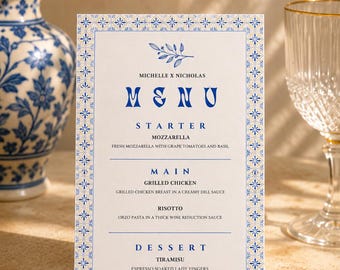 Mediterranean Wedding Menu Template Decor | Blue Tile | Elegant Wedding Menu Template | Amalfi Coast Wedding | A4 & A5 Editable - BC Design