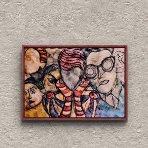 Könnte beinhalten: Ein gerahmtes rechteckiges Kunstwerk mit einer stilisierten Illustration mehrerer Figuren mit ausdrucksstarken Gesichtern. Die zentrale Figur hat rot-schwarz gestreiftes Haar und Kleidung, während eine andere Figur rechts eine runde Brille trägt.