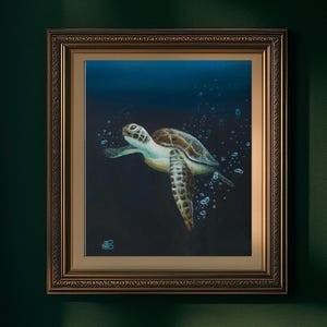 Lone Sea Turtle Canvas Dark Academia Art Print Ocean Decor Turtle Painting Spirit Guide Sea Life Ocean Turtle Ocean Beach House Aesthetic