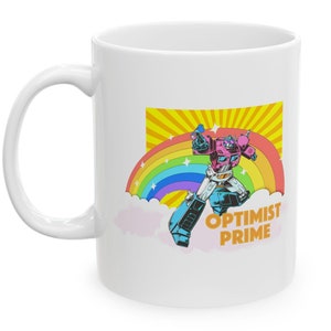 Optimist Mug Satirical Humor happy vibe Robot Funny Mug SFW Millennial Ironic 90's kid "Optimist Club", sunshine and rainbow colors