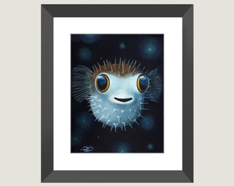 Puffer Fish framed print, fish painting, ocean decor, nautical, blowfish, cute fish,  Sally Chernenko Art