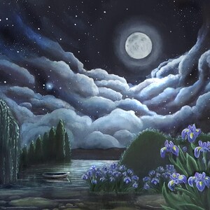 Mississippi Mond Poster, einrahmbar, Mond, Nachtlandschaft, Geburtstag im Februar, 25-jähriges Jubiläum, Silberjubiläum, lila Blumen, Iris