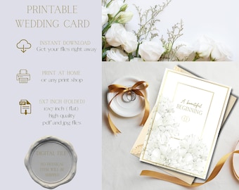 Tarjeta de boda elegante para imprimir / Felicitaciones minimalistas florales blancas (Descarga digital)