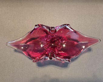Large 12” Josef Hospodka Chribska Art Glass Centerpiece Bowl | Vintage 1960s Czechoslovakian Cranberry Pink Console Dish