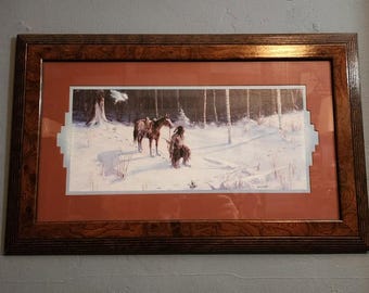 Litografía enmarcada de Gary Artzt "Rastreador americano" / Escena invernal nativa americana / Lámina de arte del oeste