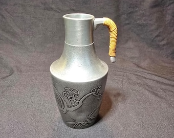 Vintage Japanese Pewter Sake Ewer (Tokkuri) with Rattan Wrapped Handle | Etched Bamboo & Plum Blossom | Mid-Century Japanese Barware