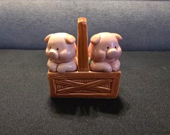 Vintage Korea Pig Salt & Pepper Shakers with Caddy | Pink Pig Kitchen Decor | Farmhouse Collectible | Original Labels