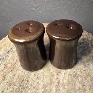 May include: A pair of matching dark brown ceramic salt and pepper shakers with a glossy finish. One shaker features three small holes on the top, while the other shaker features two small holes on the top. Both items have a cylindrical shape.