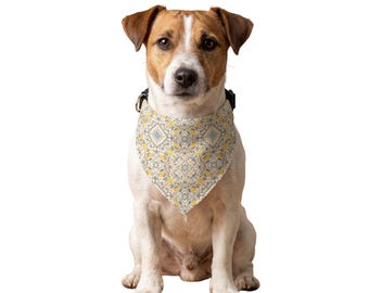 Dog Bandana, Mediterranean Lemon Tile, Coastal Boho Style, Over the Collar Clip-On