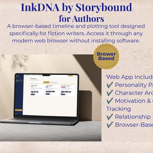 Könnte beinhalten: Ein Laptop mit der Benutzeroberfläche von InkDNA by Storybound for Authors, einem browserbasierten Zeitstrahl- und Plot-Tool. Der Bildschirm zeigt Charakterprofile. Der Text listet Funktionen wie Persönlichkeitsprofile und Charakter-Archetypen auf.