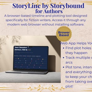 May include: A laptop displaying the StoryLine by Storybound for Authors interface, a browser-based timeline and plotting tool for fiction writers. The screen shows character journeys, while text lists features like tracking character arcs and finding plot holes.