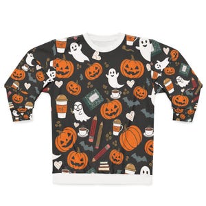 Bluza z nadrukiem dyni i ducha na Halloween dla nauczyciela | Przytulny jesienny nadruk Coffee Books