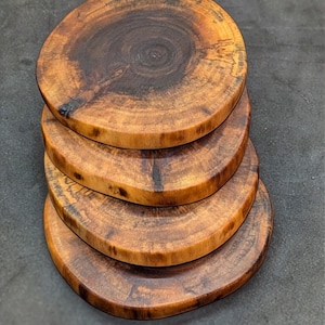 May include: A stack of four circular wooden coasters featuring a natural grain pattern with dark brown and golden amber tones. Each coaster has a smooth, polished finish and irregular, organic edges that highlight the raw texture of the wood.