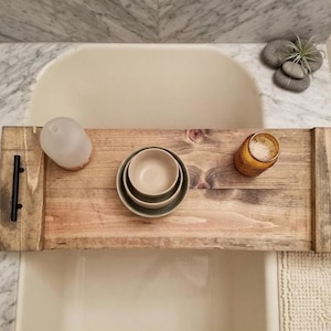 Rustic Wooden Bathtub Tray – Bath Caddy, Spa Gift for Her