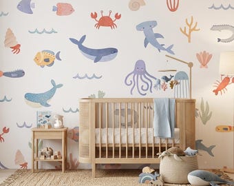 Watercolor Ocean Animal Wall Decals for Kids Nursery Beach Theme Decor