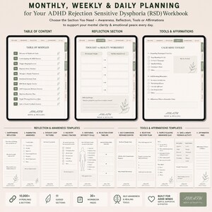 May include: A digital workbook for ADHD Rejection Sensitive Dysphoria featuring monthly, weekly, and daily planning pages. It includes a table of contents, reflection sections, and a calm mind toolkit with 11 guided sections and 30 plus pages.