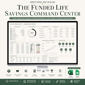 May include: A digital savings command centre dashboard displayed on a computer monitor. The interface features sections for goal overview, progress, savings snapshots, recent activity, and financial notes, with text reading THE FUNDED LIFE.