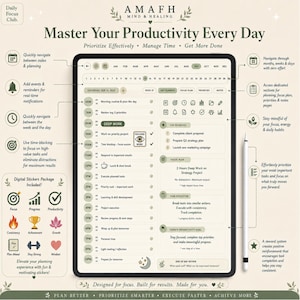 May include: A digital planner displayed on a tablet screen with a stylus, featuring a daily schedule from 6 AM to 10 PM, task lists, priority sections, and goal tracking. The interface includes navigation tabs, icons, and a digital sticker package.