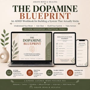 Pode incluir: O manual de TDAH The Dopamine Blueprint exibido num computador portátil, tablet e smartphone. As páginas digitais apresentam texto, ícones de cérebro e listas de verificação para funções executivas. Inclui um manual de 50 páginas.