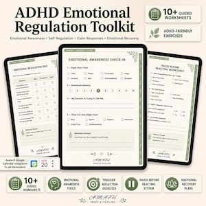 Könnte beinhalten: ADHS Emotionsregulations-Toolkit als digitaler Planer mit drei Tablet-Bildschirmen, die Arbeitsblätter für emotionales Bewusstsein, Quizze und Pausenstrategien zeigen. Enthält 10+ geführte Arbeitsblätter, ADHS-freundliche Übungen und Integration für Apple- und Google-Kalender.