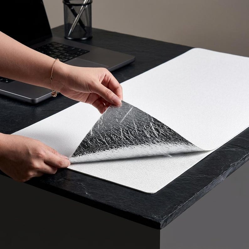 May include: A rectangular desk mat with a textured white top surface and a reflective silver metallic underside. The mat is partially lifted to reveal the contrasting silver material, showcasing its dual-layered construction and smooth edges.