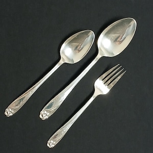 May include: Two silver-toned metal spoons and one silver-toned metal fork arranged diagonally. Each piece of flatware features a polished finish and a decorative floral motif embossed at the base of the handle, showing a consistent design style.