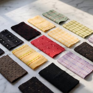 Puede incluir: Una colección de muestras de tela rectangulares dispuestas en una cuadrícula, con varios colores que incluyen negro, rojo, amarillo, verde y lavanda, con diversas texturas, patrones tejidos y detalles bordados en cada pieza individual.