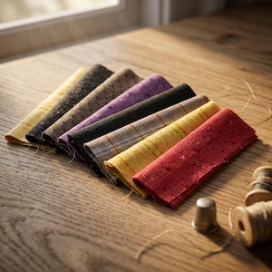 May include: A collection of eight folded fabric swatches in various colors including yellow, black, brown, purple, dark green, grey, and red, arranged in a row. A metal thimble and two wooden thread spools are positioned near the fabric pieces.