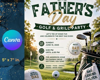Sjabloon golfuitnodiging vaderdag bewerkbaar in canva, golftoernooi feestuitnodiging geanimeerd, papa golfevenement digitale download