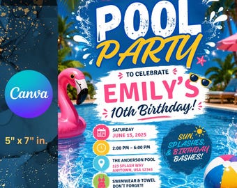 Sjabloon verjaardagsuitnodiging zwembadfeest bewerkbaar in canvas, zomer verjaardagsfeestje uitnodigen, tropisch zwembad verjaardag digitale download