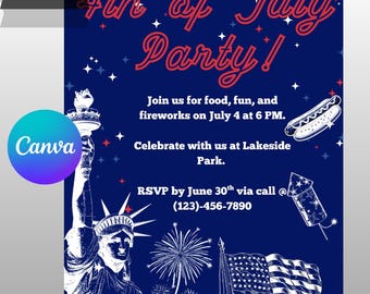 4 juli-uitnodigingssjabloon bewerkbaar in canva, patriottische feestuitnodiging, Independence Day digitale download
