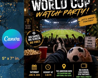 Uitnodiging voor feest wedstrijd voetbalhorloge, WK-feestuitnodiging, bewerkbare geanimeerde canvassjabloon