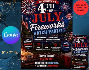 Geanimeerd patriottisch vuurwerk kijken naar feestuitnodiging, viering van Independence Day, 4 juli Canva downloaden