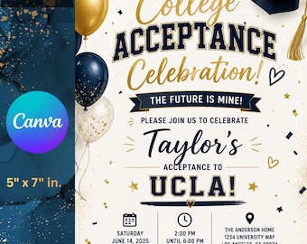 Sjabloon uitnodiging viering acceptatie college bewerkbaar in canva, College Reveal-feestuitnodiging, acceptatie acceptatie digitale download