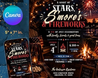 4. Juli Einladung Vorlage Stars S'mores & Fireworks Party Invite Animierte Canva Vorlage Bearbeitbar Digitaler Download
