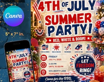 4th of July Summer Party Invitation, Editable Independence Day Animated Invite, Patriotic Red White Blue Fireworks Party Canva Template