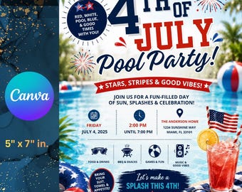 Geanimeerde 4 juli-sjabloon voor zwembadfeestje uitnodiging bewerkbaar in Canva, patriottische zomerzwembadfeestuitnodiging, Independence Day digitale download