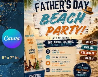 Sjabloon voor geanimeerde Vaderdag strandfeest uitnodiging bewerkbaar in canva Tropical Dad Celebration Invite Summer Beach Party digitale download