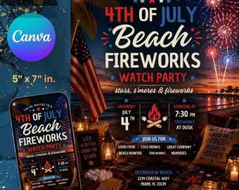 4. Juli Einladungsvorlage, Strand-Feuerwerk-Uhr-Party einladen, animierte Einladung zum Unabhängigkeitstag